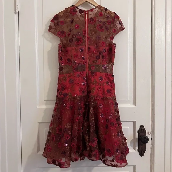 Bronx and Banco Della Rouge Mini Dress Red Floral Sheer Embellished Sz Medium 6 - Picture 3 of 12